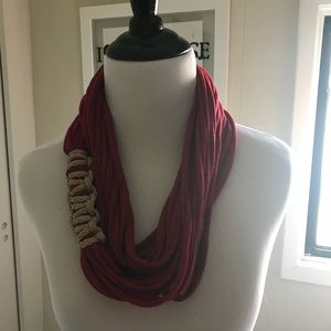 Hand made t-shirt scarf/cowl. Deep red with decorative knot